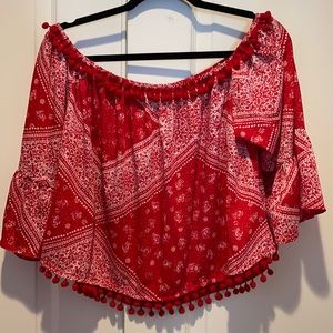 Cute fuzzy ball fringe off the shoulder top